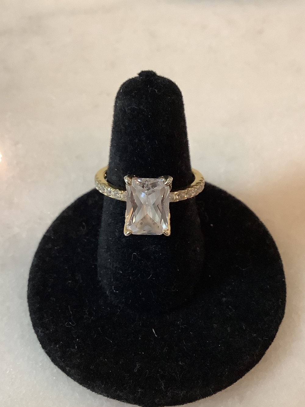 Gold Plated Ring with Clear 3 Ct Emerald-Cut Center Stone, 925 Stamp, Brand New